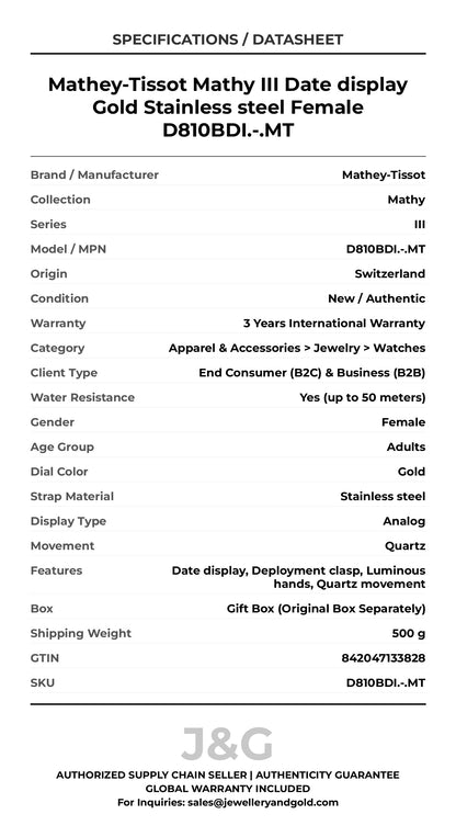 Mathey-Tissot Mathy III Date display Gold Stainless steel Female D810BDI.-.MT - Specifications