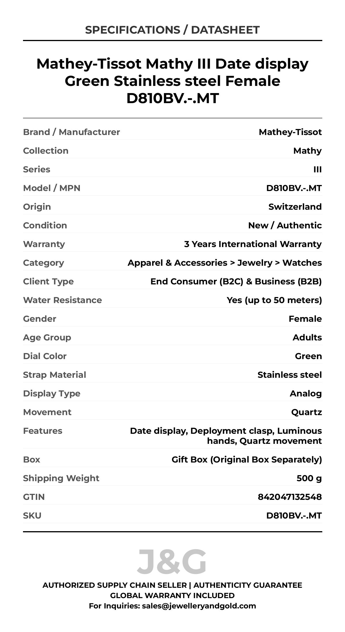 Mathey-Tissot Mathy III Date display Green Stainless steel Female D810BV.-.MT - Specifications
