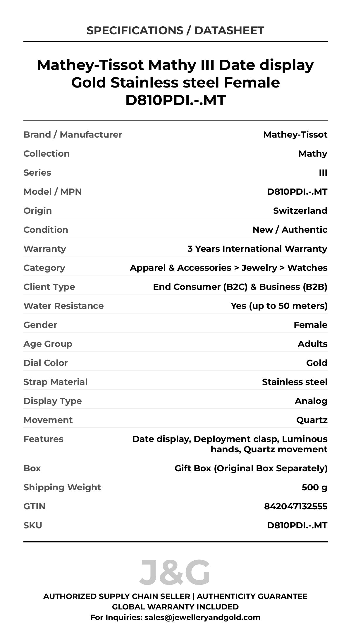 Mathey-Tissot Mathy III Date display Gold Stainless steel Female D810PDI.-.MT - Specifications