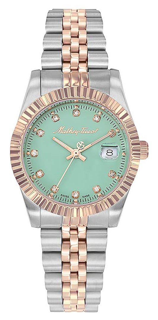 Mathey-Tissot Mathy III Date display Green Stainless steel Female D810RV.-.MT. A brand-new Mathey-Tissot Mathy watch featuring a Green dial and a Stainless steel strap. Front view.