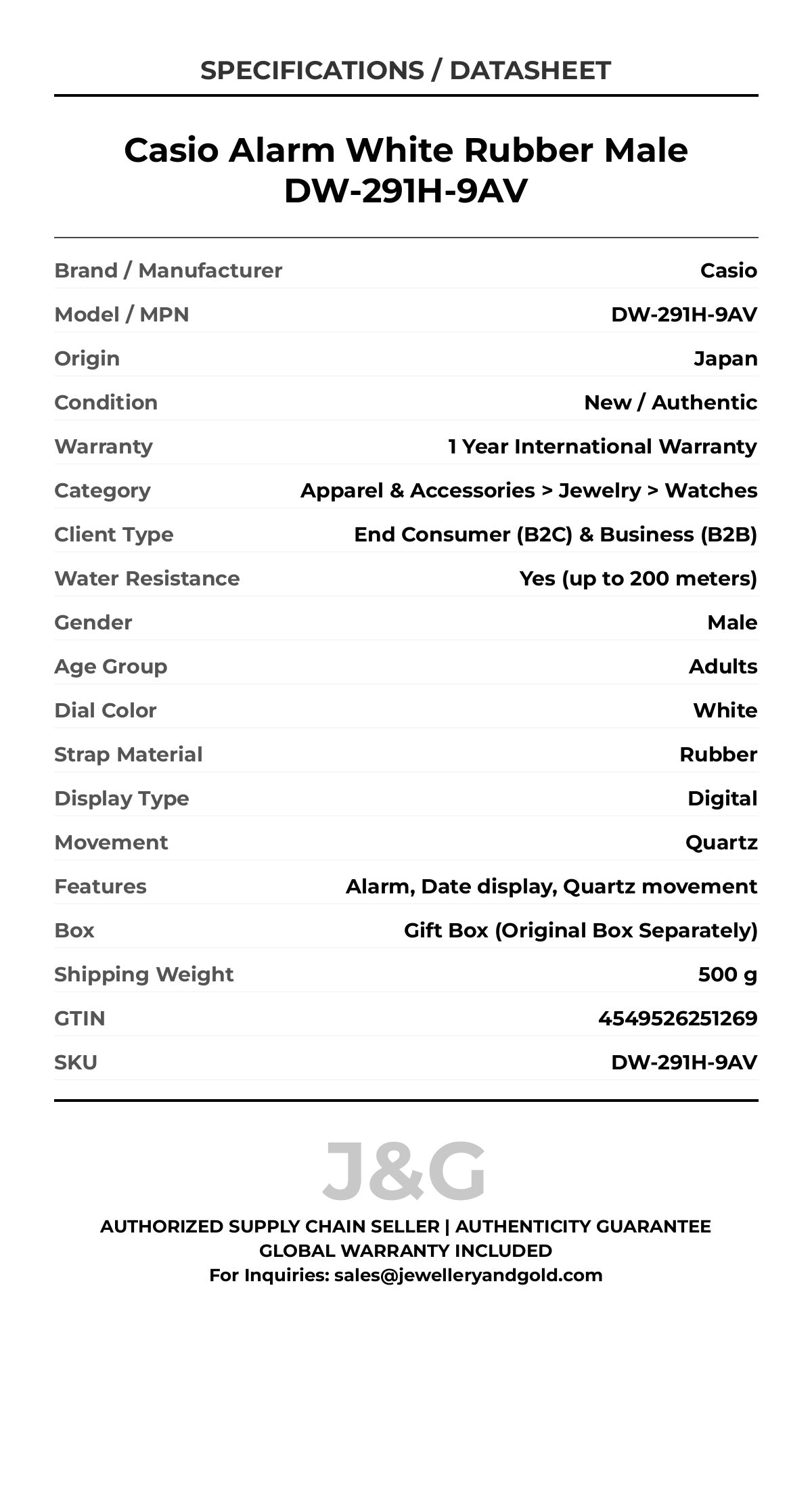 Casio Alarm White Rubber Male DW-291H-9AV - Specifications