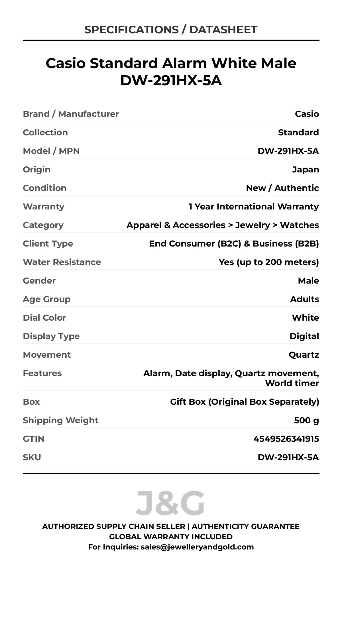 Casio Standard Alarm White Male DW-291HX-5A - Specifications