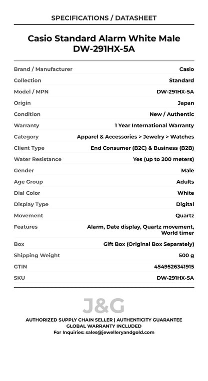 Casio Standard Alarm White Male DW-291HX-5A - Specifications