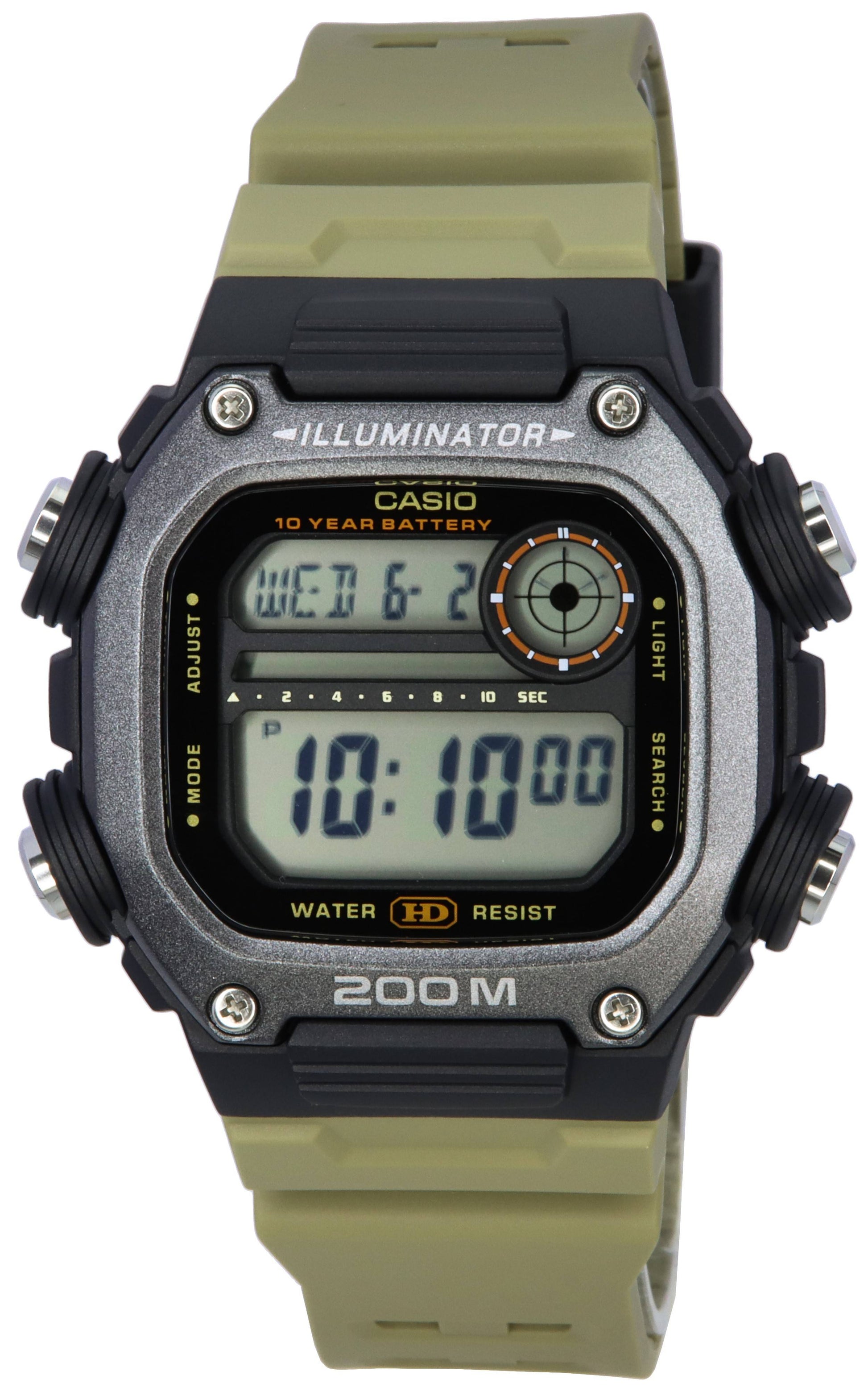 Casio Standard Alarm White Male DW-291HX-5A. A brand-new Casio Standard watch featuring a White dial. Angled view.