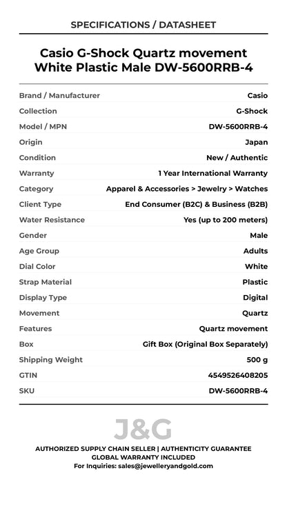 Casio G-Shock Quartz movement White Plastic Male DW-5600RRB-4 - Specifications