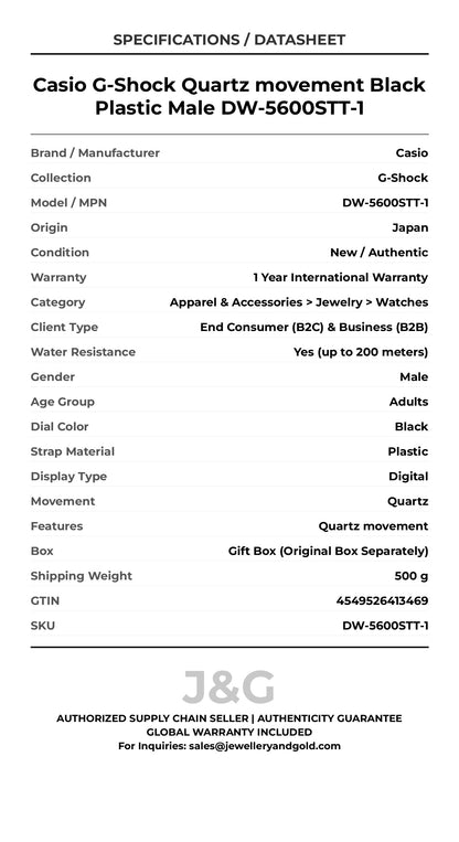 Casio G-Shock Quartz movement Black Plastic Male DW-5600STT-1 - Specifications