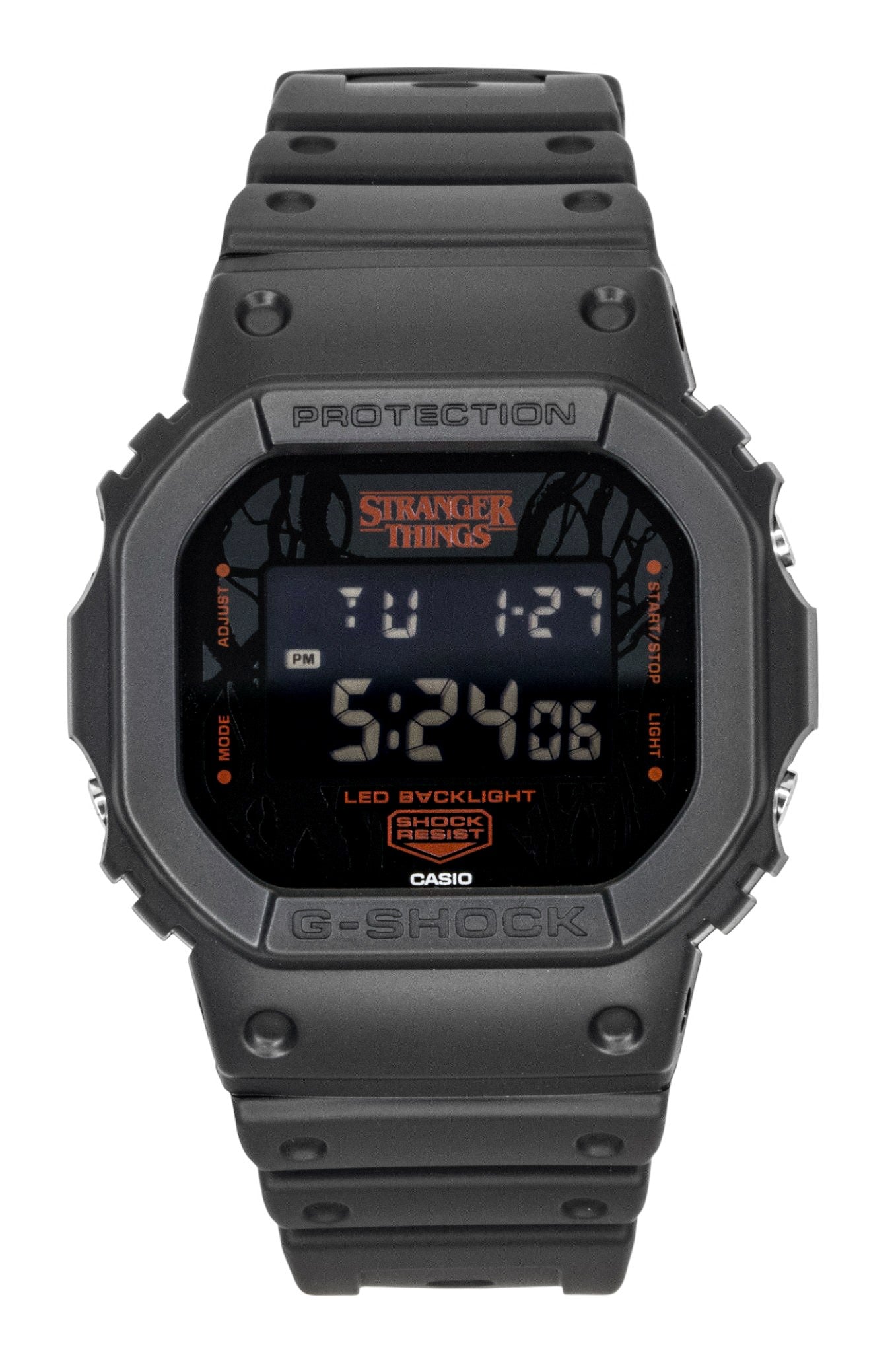 Casio G-Shock Quartz movement Black Plastic Male DW-5600STT-1. A brand-new Casio G-Shock watch featuring a Black dial and a Plastic strap. Angled view.