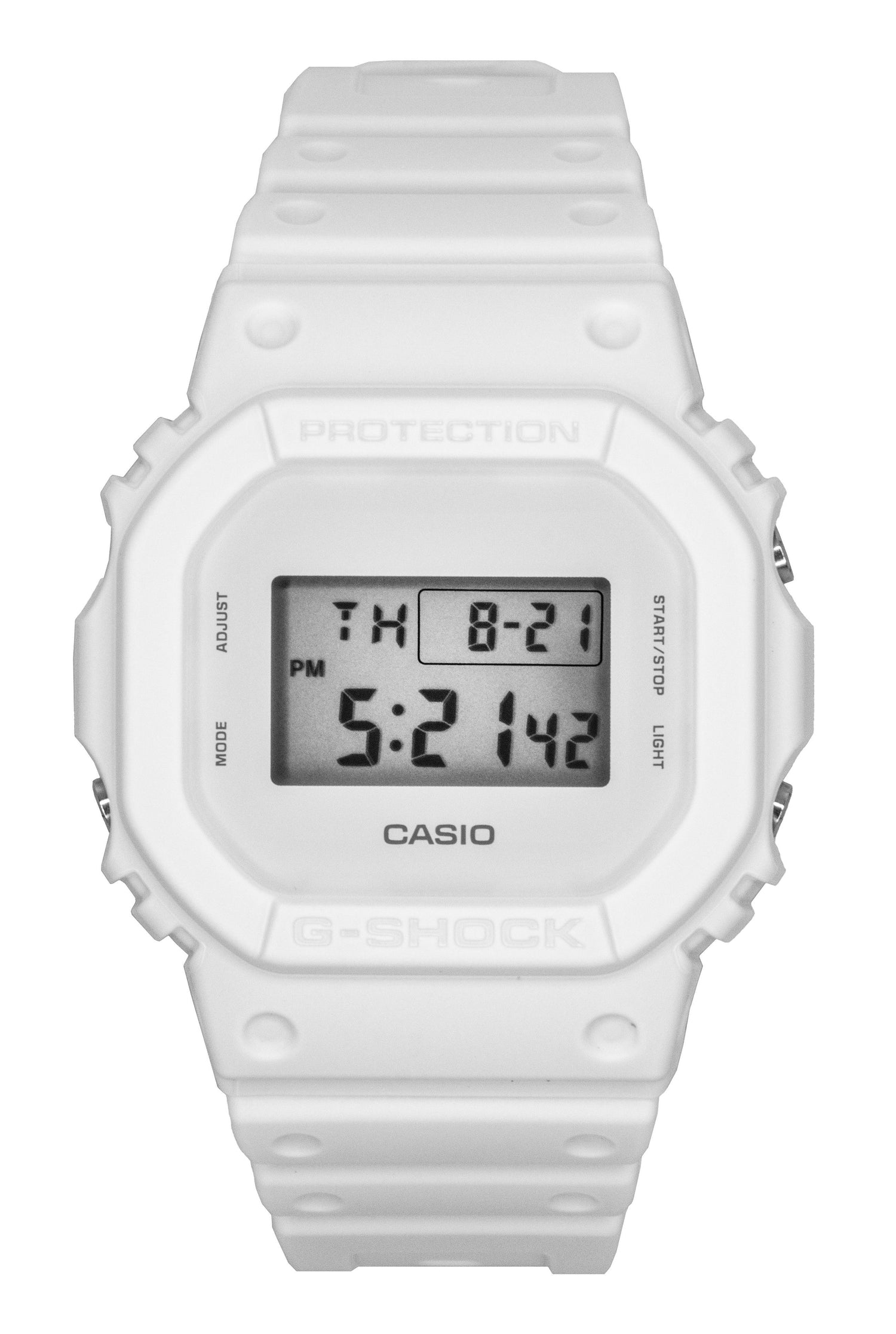 Casio G-Shock Quartz movement White Plastic Male DW-5600WW-7. A brand-new Casio G-Shock watch featuring a White dial and a Plastic strap. Side view.