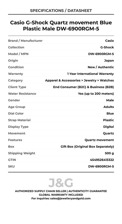 Casio G-Shock Quartz movement Blue Plastic Male DW-6900RGM-5 - Specifications