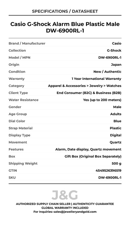 Casio G-Shock Alarm Blue Plastic Male DW-6900RL-1 - Specifications