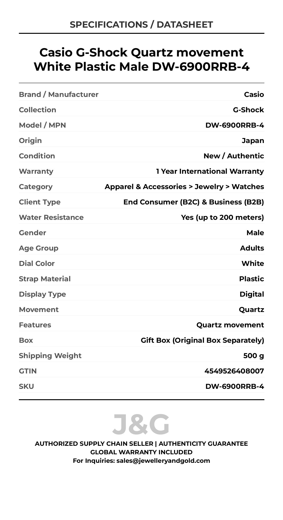 Casio G-Shock Quartz movement White Plastic Male DW-6900RRB-4 - Specifications