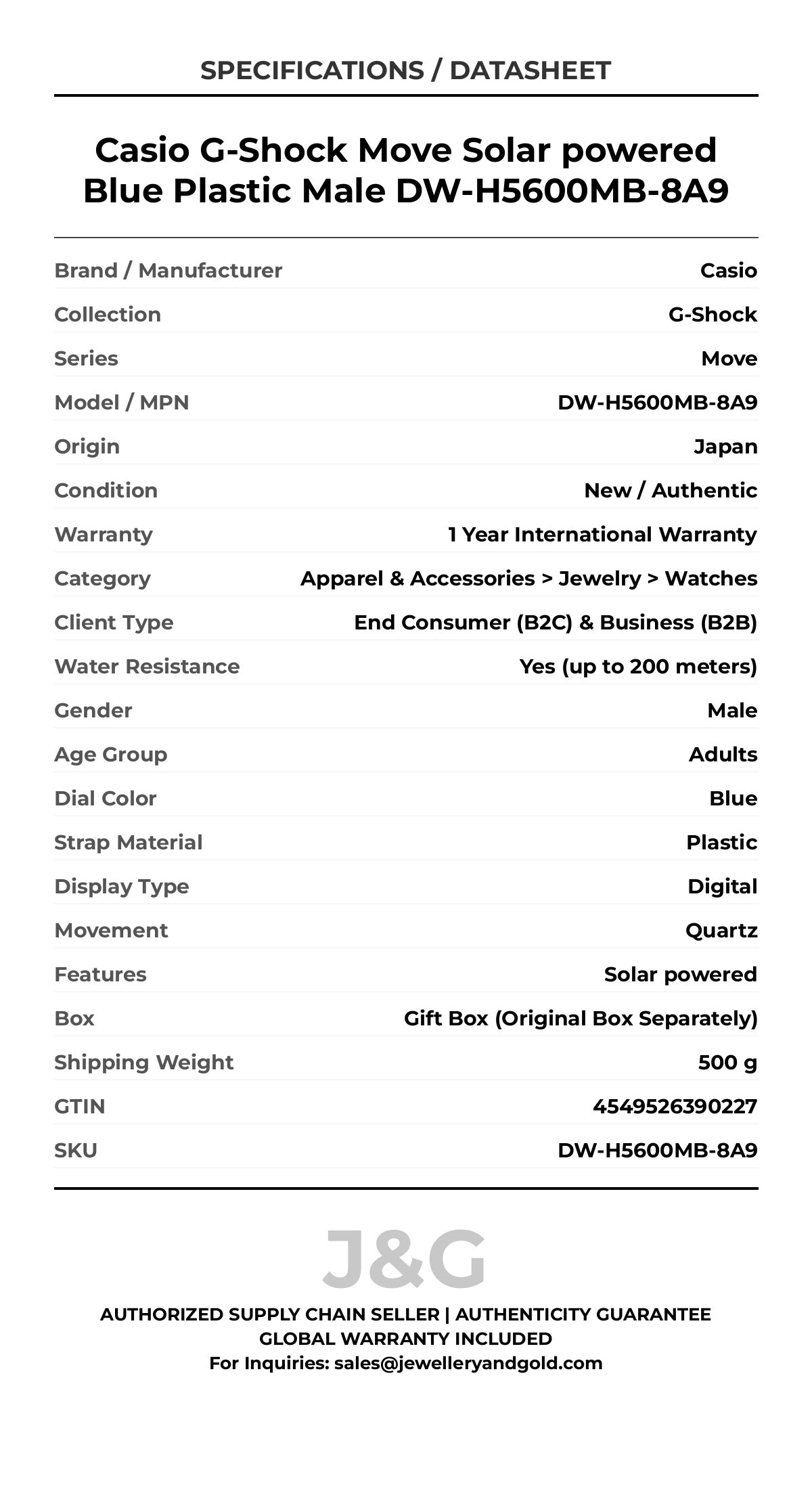 Casio G-Shock Move Solar powered Blue Plastic Male DW-H5600MB-8A9 - Specifications
