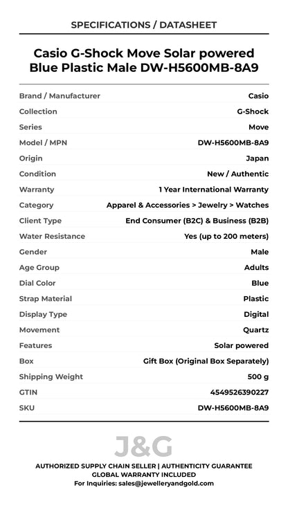 Casio G-Shock Move Solar powered Blue Plastic Male DW-H5600MB-8A9 - Specifications