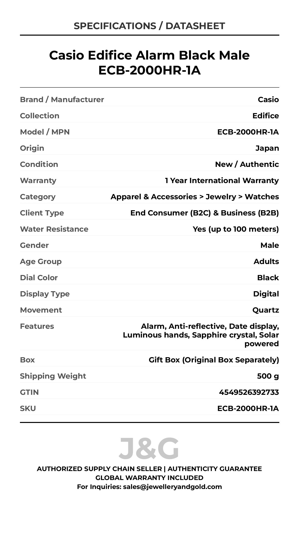 Casio Edifice Alarm Black Male ECB-2000HR-1A - Specifications