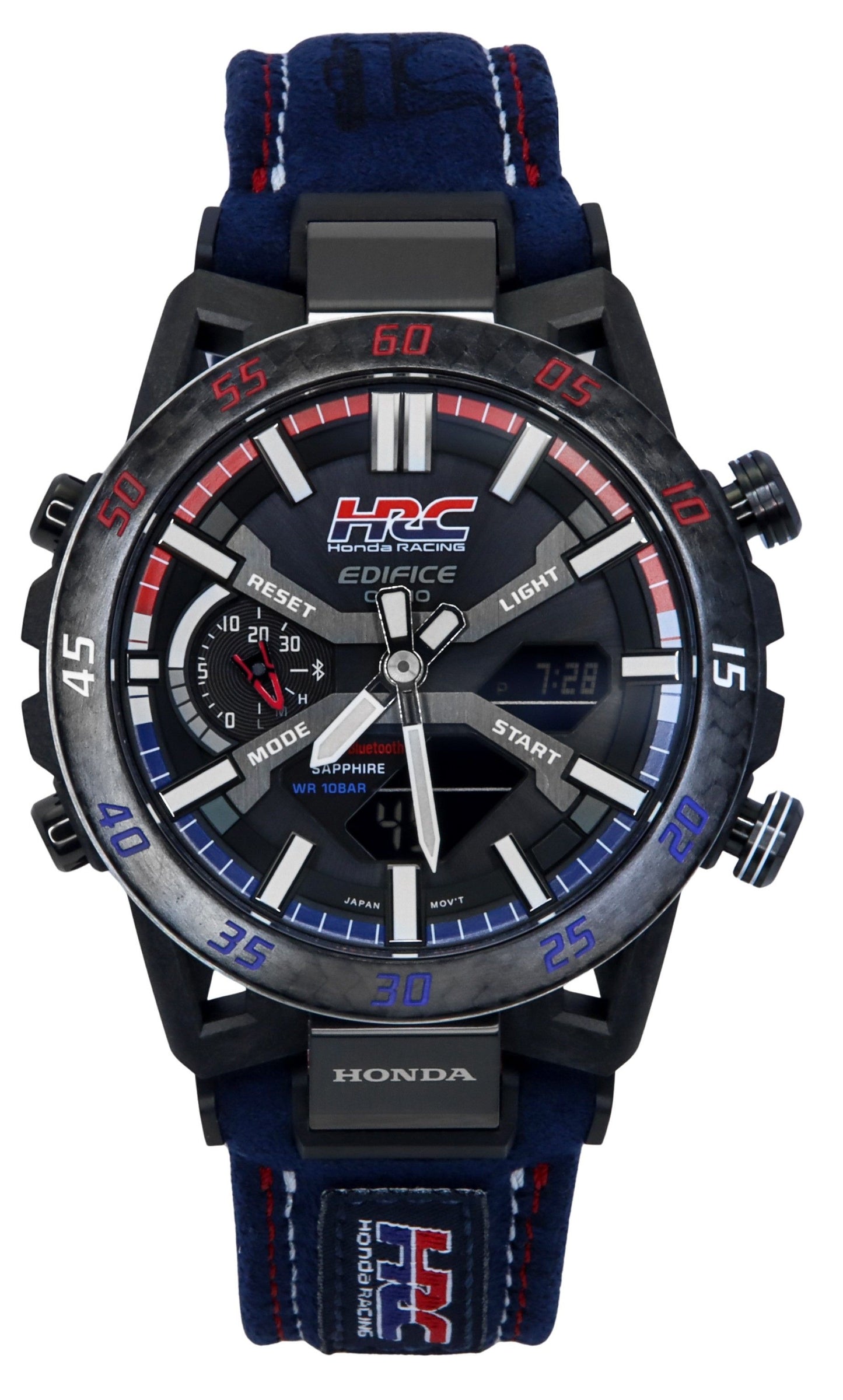 Casio Edifice Alarm Black Male ECB-2000HR-1A. A brand-new Casio Edifice watch featuring a Black dial. Angled view.