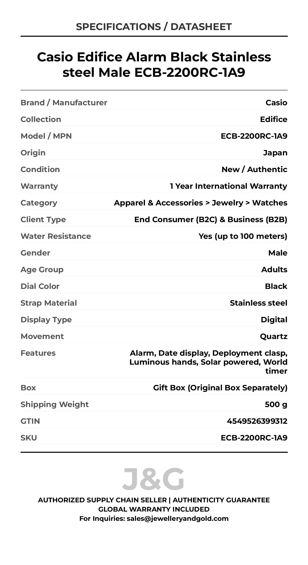 Casio Edifice Alarm Black Stainless steel Male ECB-2200RC-1A9 - Specifications