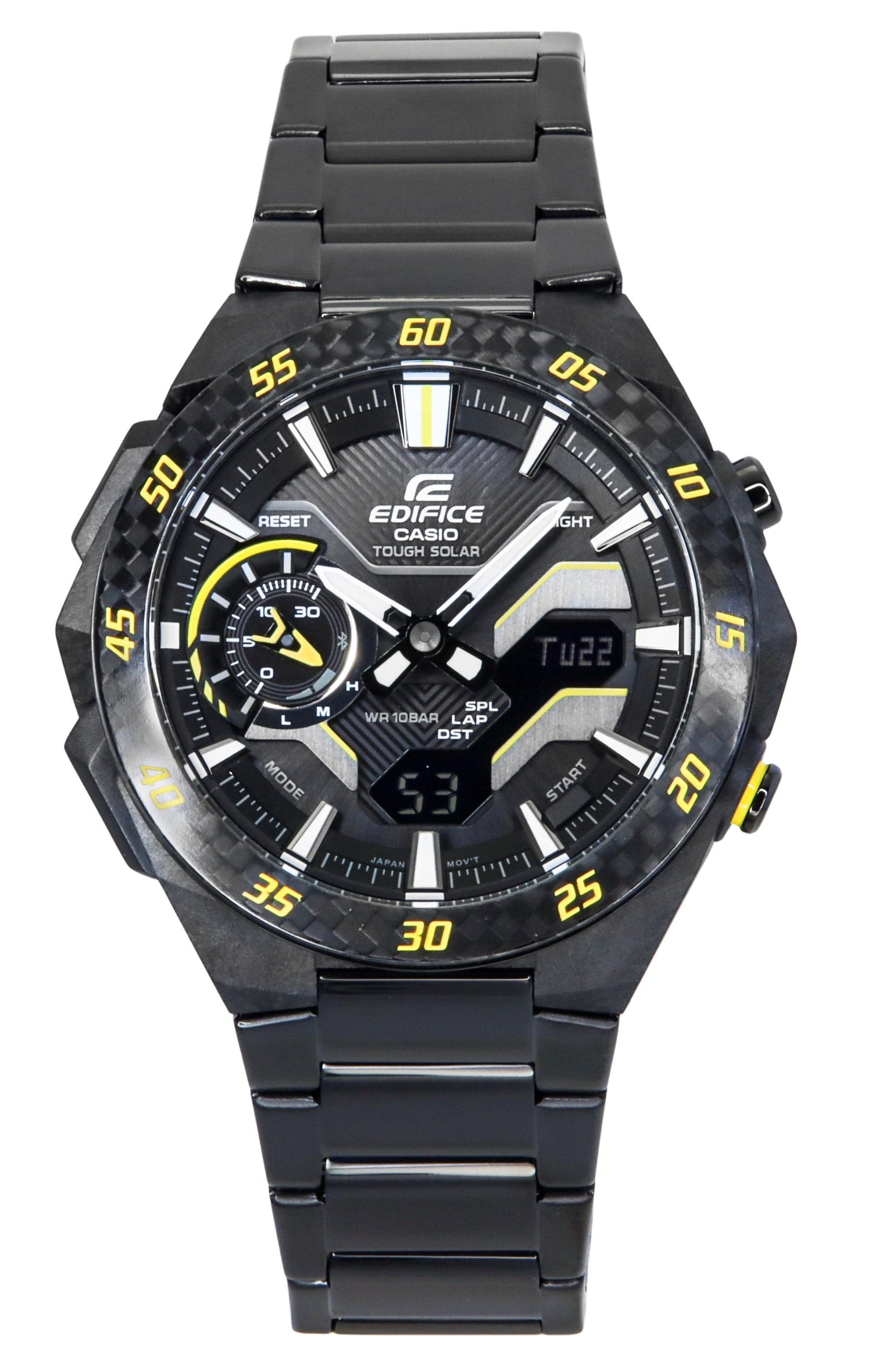 Casio Edifice Alarm Black Stainless steel Male ECB-2200RC-1A9. A brand-new Casio Edifice watch featuring a Black dial and a Stainless steel strap. Side view.