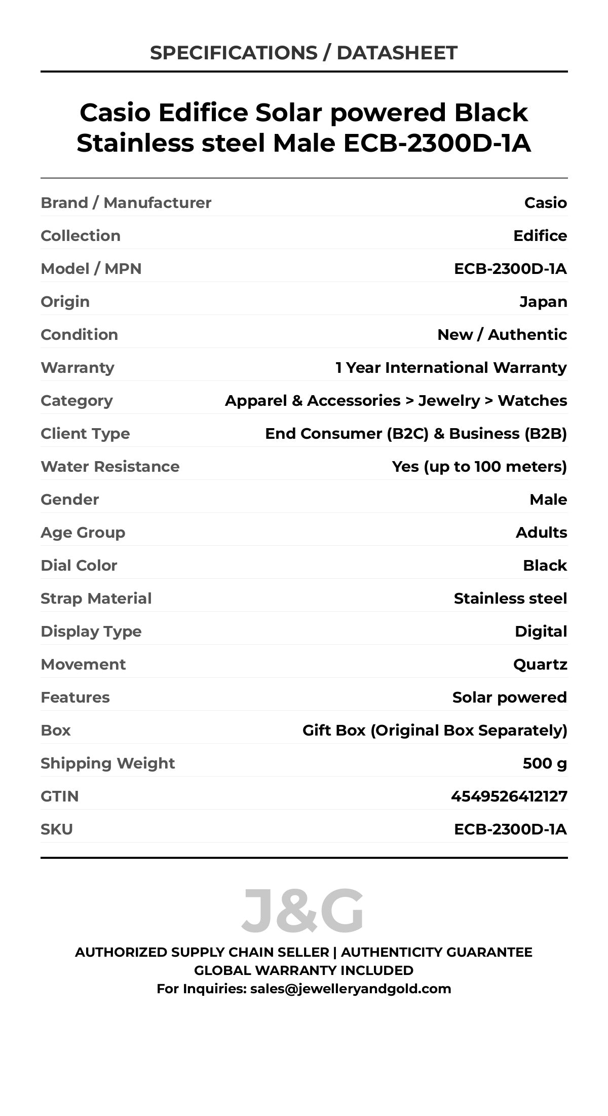 Casio Edifice Solar powered Black Stainless steel Male ECB-2300D-1A - Specifications