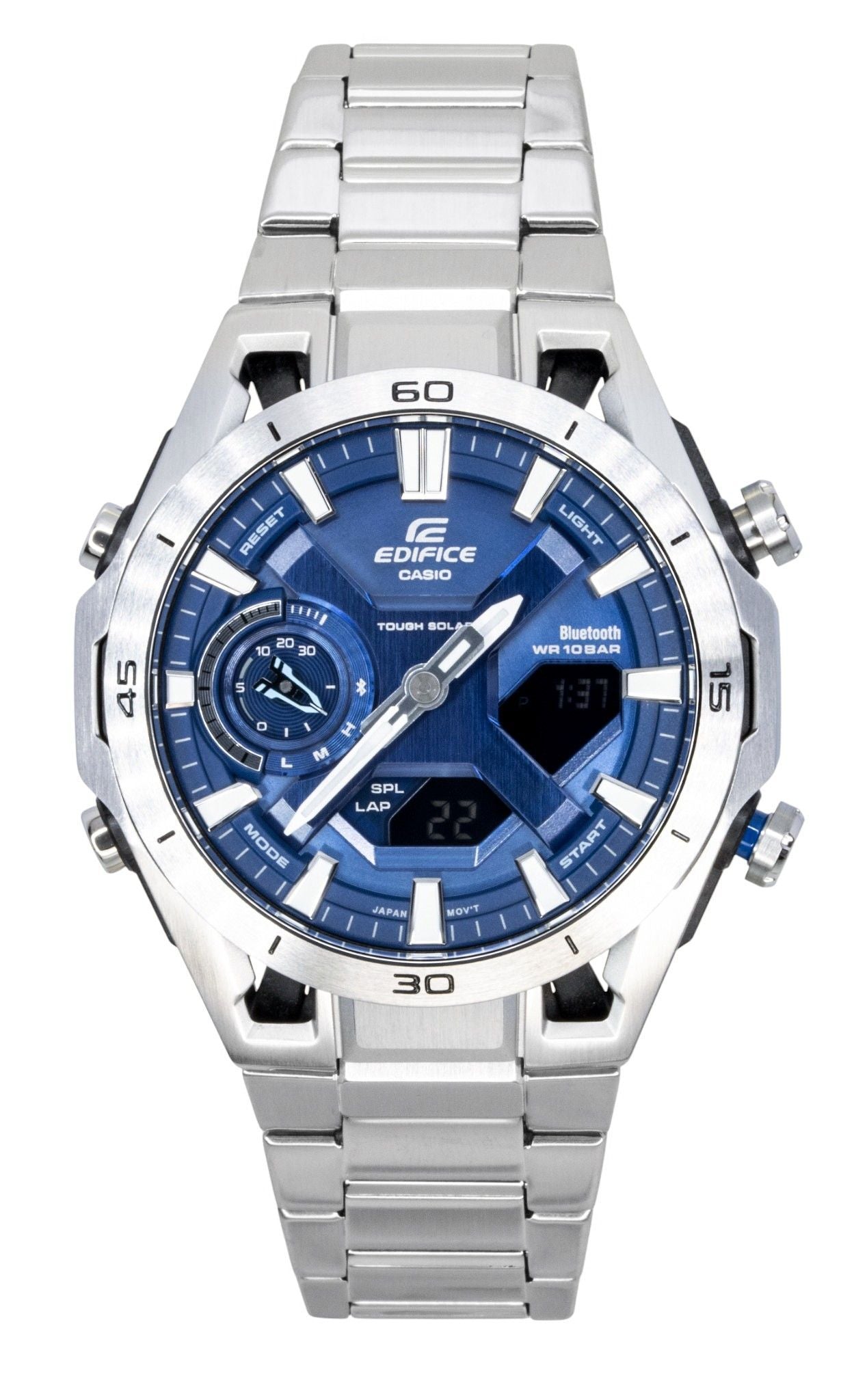 Casio Edifice Analog Digital Stainless Steel Blue Dial. A brand-new Casio Edifice watch featuring a N/A dial and a Stainless steel strap. Side view.