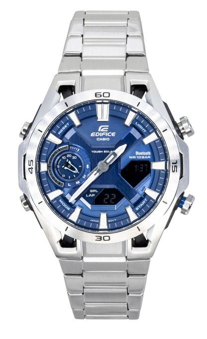 Casio Edifice Analog Digital Stainless Steel Blue Dial. A brand-new Casio Edifice watch featuring a N/A dial and a Stainless steel strap. Side view.