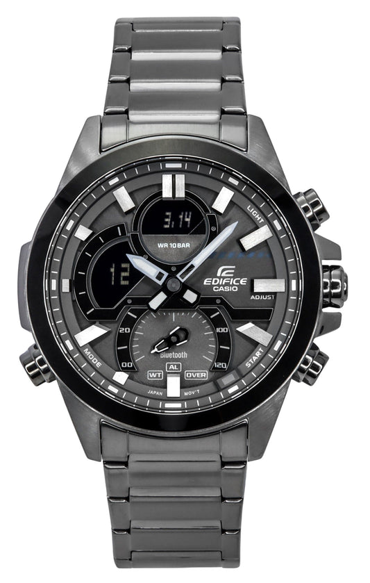 Casio Edifice Quartz movement Grey Male ECB-30DC-1B. A brand-new Casio Edifice watch featuring a Grey dial. Side view.
