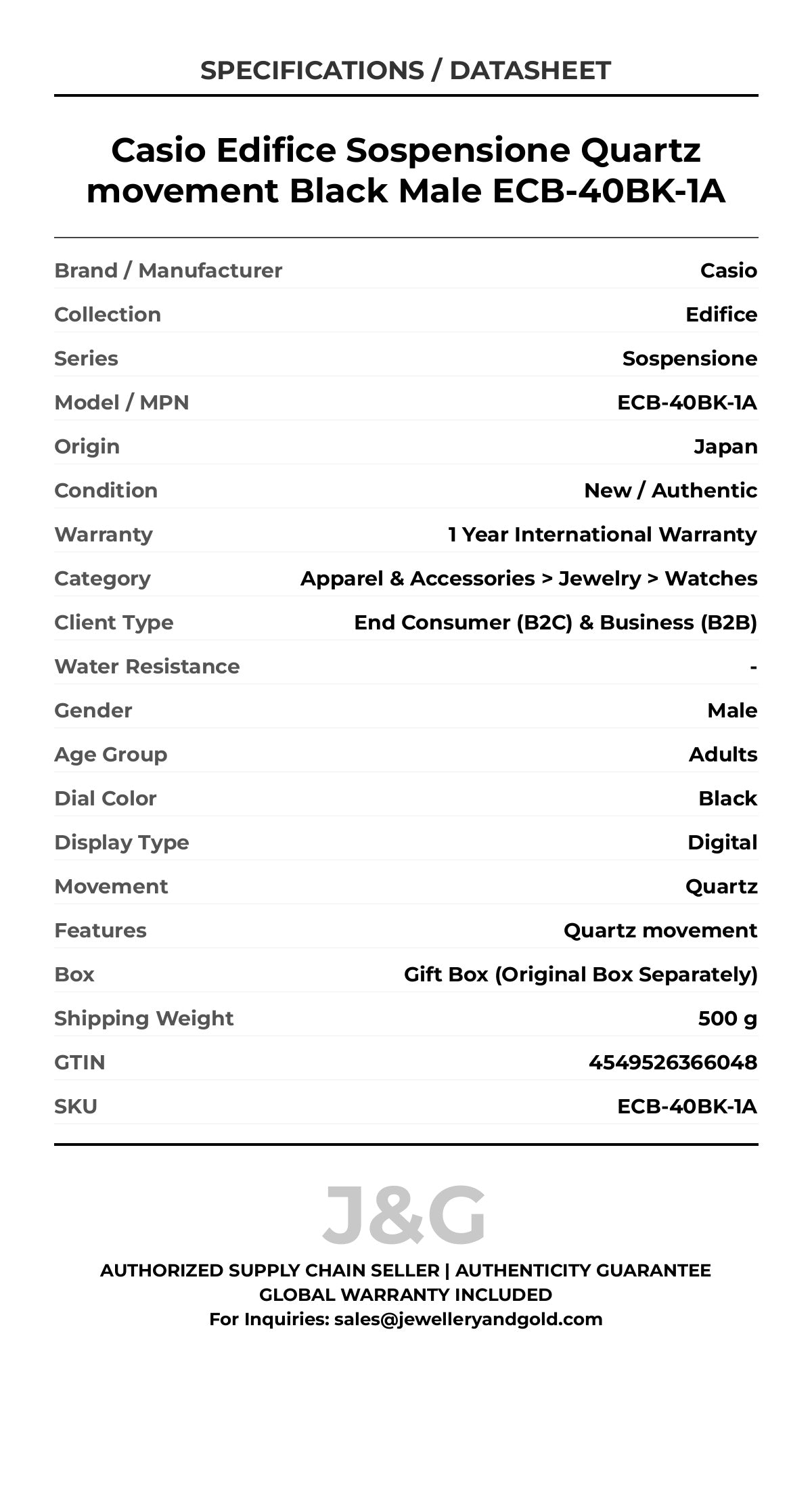 Casio Edifice Sospensione Quartz movement Black Male ECB-40BK-1A - Specifications