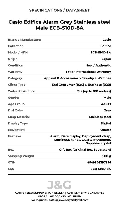 Casio Edifice Alarm Grey Stainless steel Male ECB-S10D-8A - Specifications