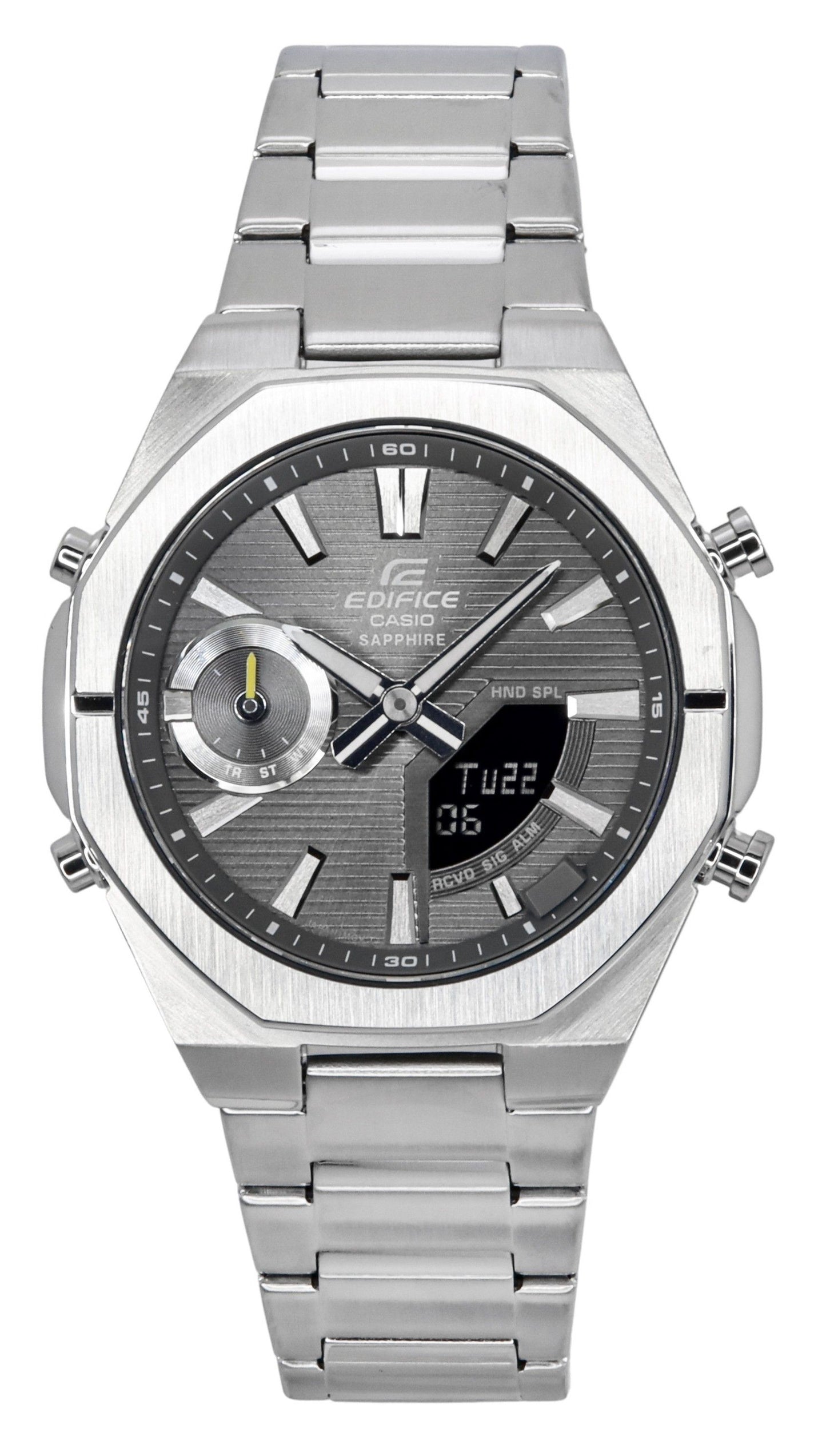 Casio Edifice Alarm Grey Stainless steel Male ECB-S10D-8A. A brand-new Casio Edifice watch featuring a Grey dial and a Stainless steel strap. Angled view.