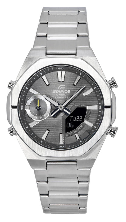 Casio Edifice Alarm Grey Stainless steel Male ECB-S10D-8A. A brand-new Casio Edifice watch featuring a Grey dial and a Stainless steel strap. Angled view.