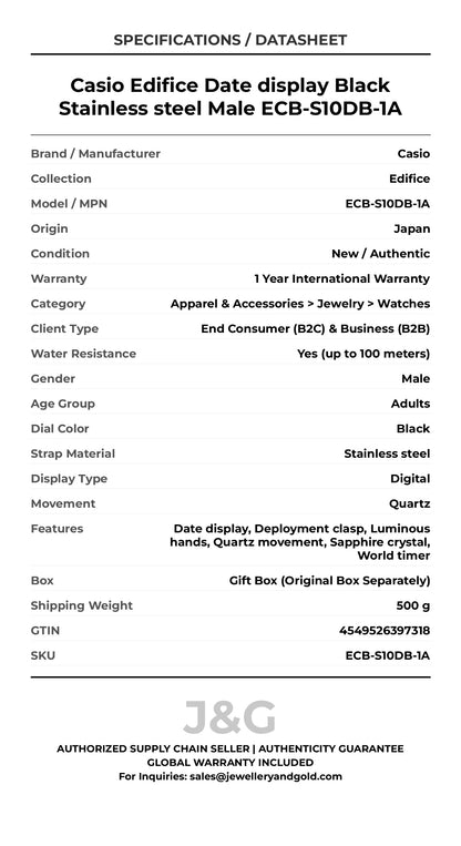 Casio Edifice Date display Black Stainless steel Male ECB-S10DB-1A - Specifications