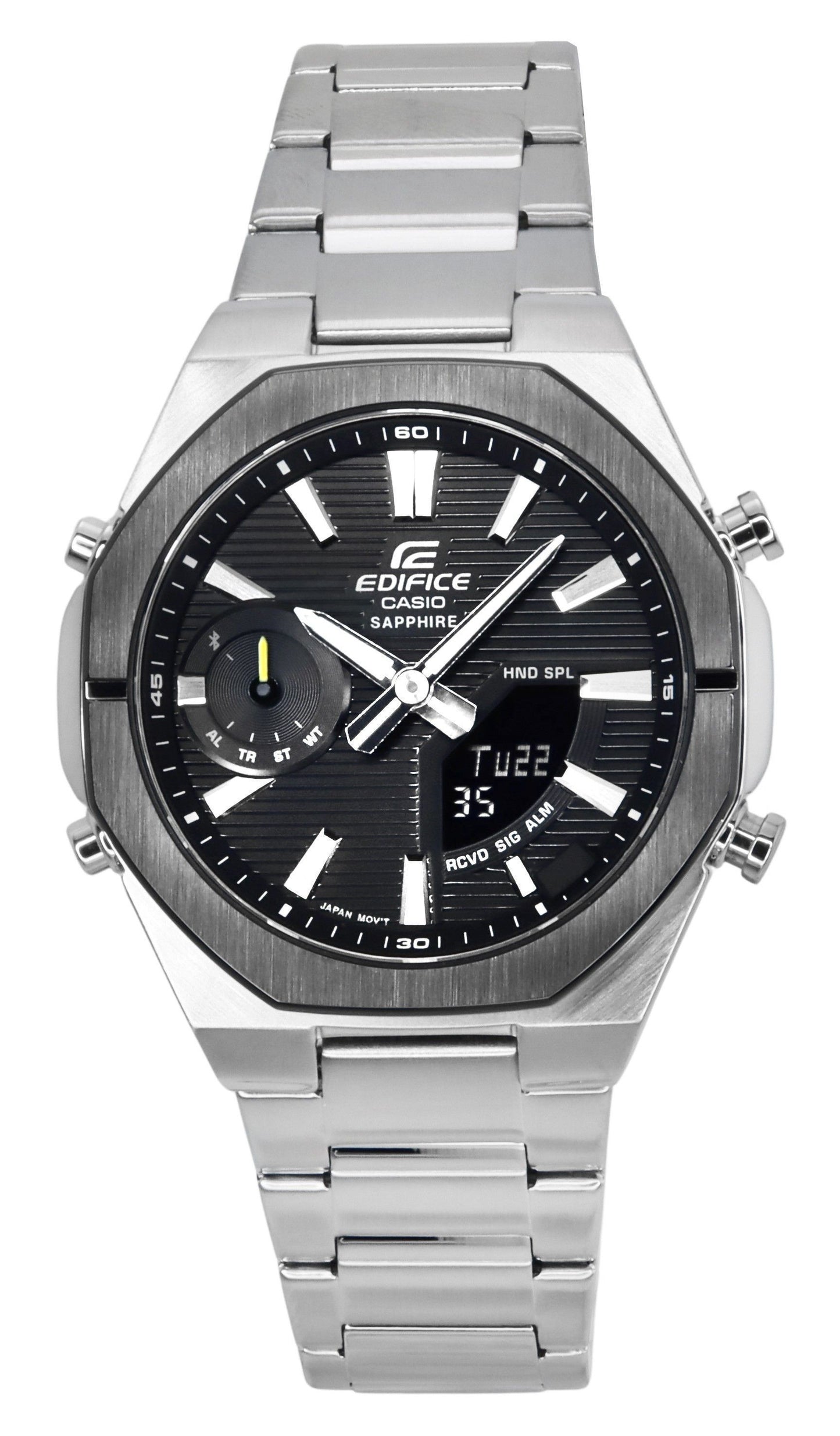 Casio Edifice Date display Black Stainless steel Male ECB-S10DB-1A. A brand-new Casio Edifice watch featuring a Black dial and a Stainless steel strap. Side view.