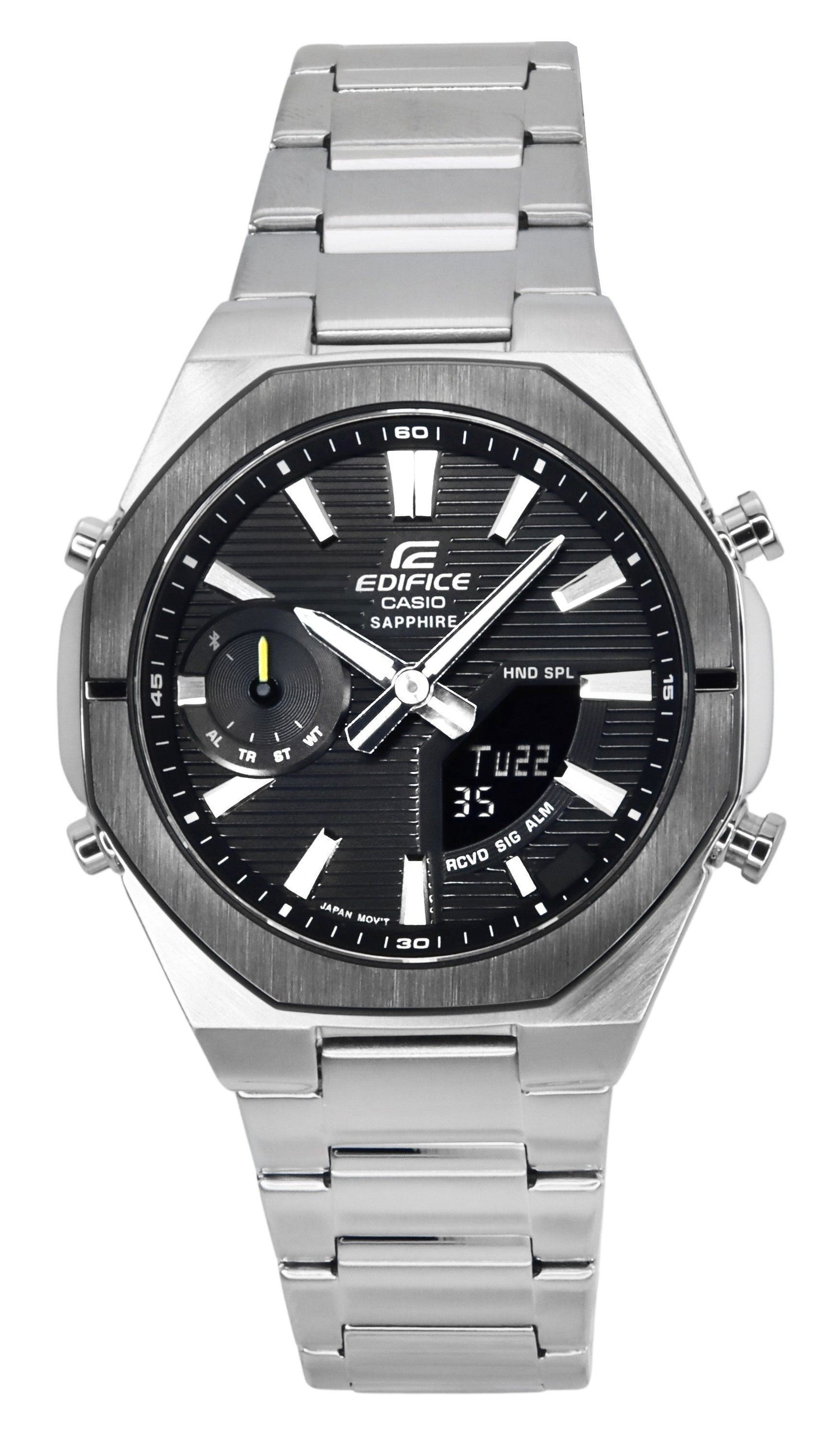 Casio Edifice Date display Black Stainless steel Male ECB-S10DB-1A. A brand-new Casio Edifice watch featuring a Black dial and a Stainless steel strap. Side view.
