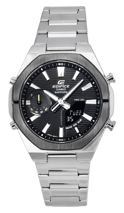 Casio Edifice Date display Black Stainless steel Male ECB-S10DB-1A. A brand-new Casio Edifice watch featuring a Black dial and a Stainless steel strap. Side view.