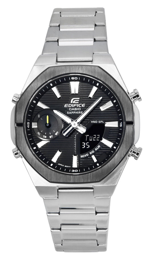 Casio Edifice Date display Black Stainless steel Male ECB-S10DB-1A. A brand-new Casio Edifice watch featuring a Black dial and a Stainless steel strap. Side view.