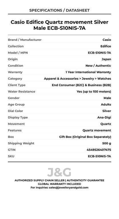 Casio Edifice Quartz movement Silver Male ECB-S10NIS-7A - Specifications