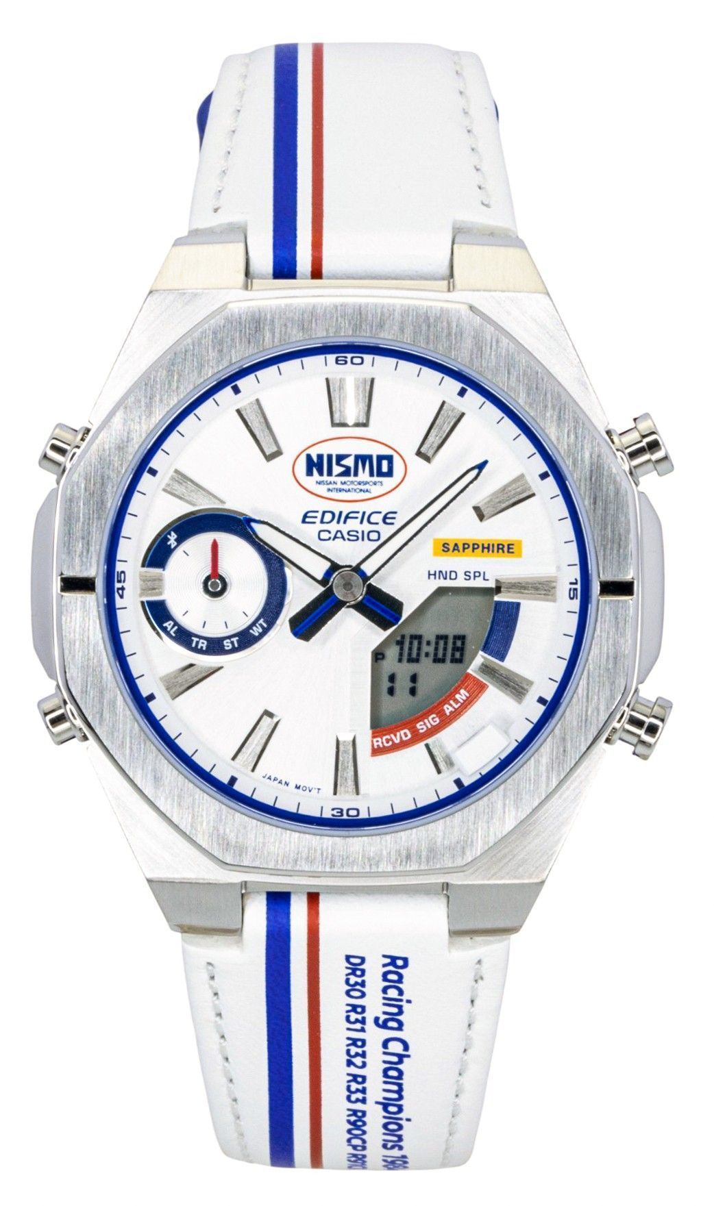 Casio Edifice Quartz movement Silver Male ECB-S10NIS-7A. A brand-new Casio Edifice watch featuring a Silver dial. Angled view.