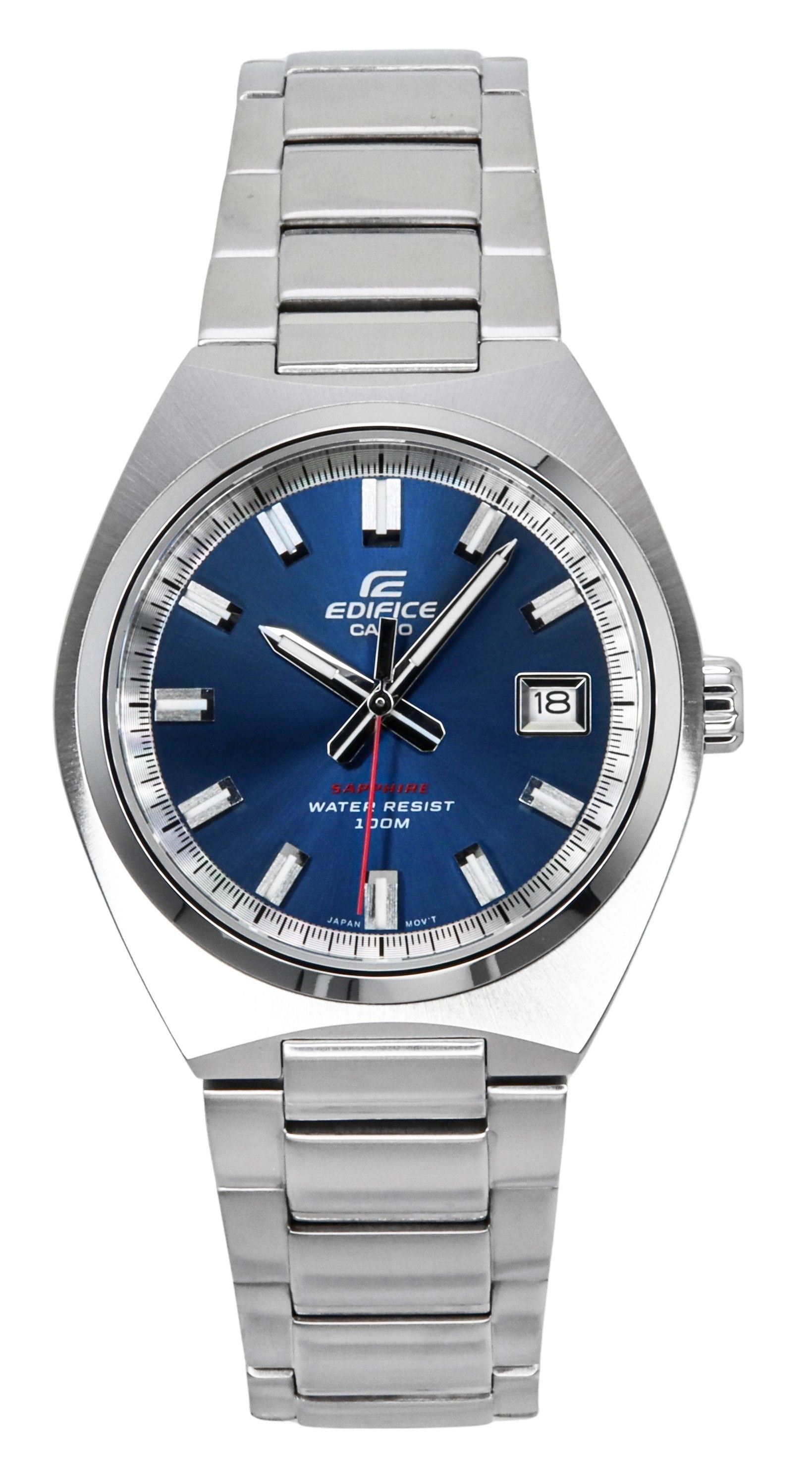 Casio Edifice Date display Blue Stainless steel Male EFB-109D-2AV. A brand-new Casio Edifice watch featuring a Blue dial and a Stainless steel strap. Side view.