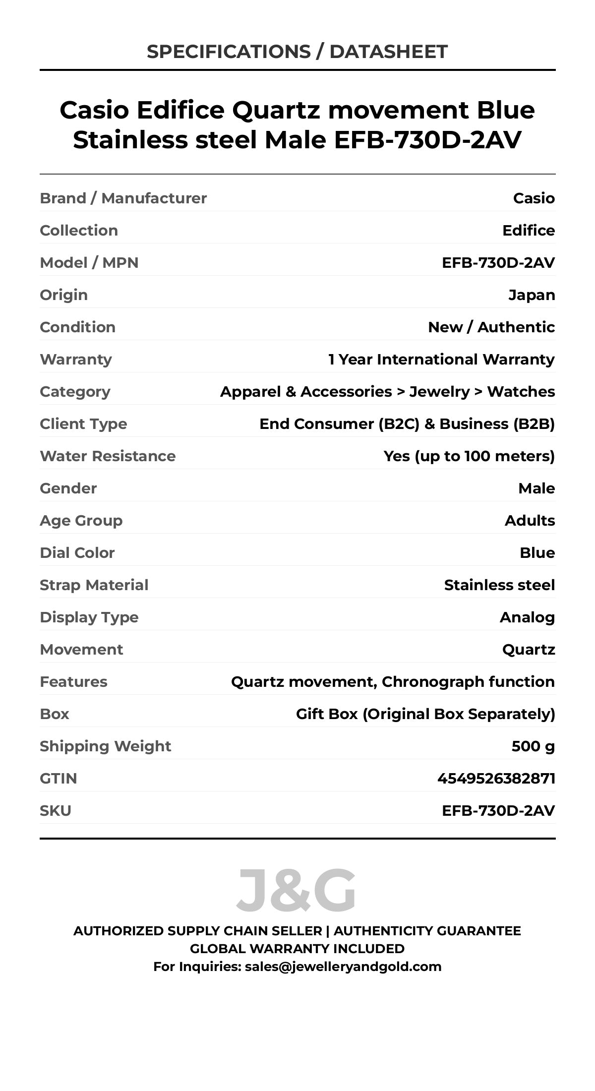 Casio Edifice Quartz movement Blue Stainless steel Male EFB-730D-2AV - Specifications