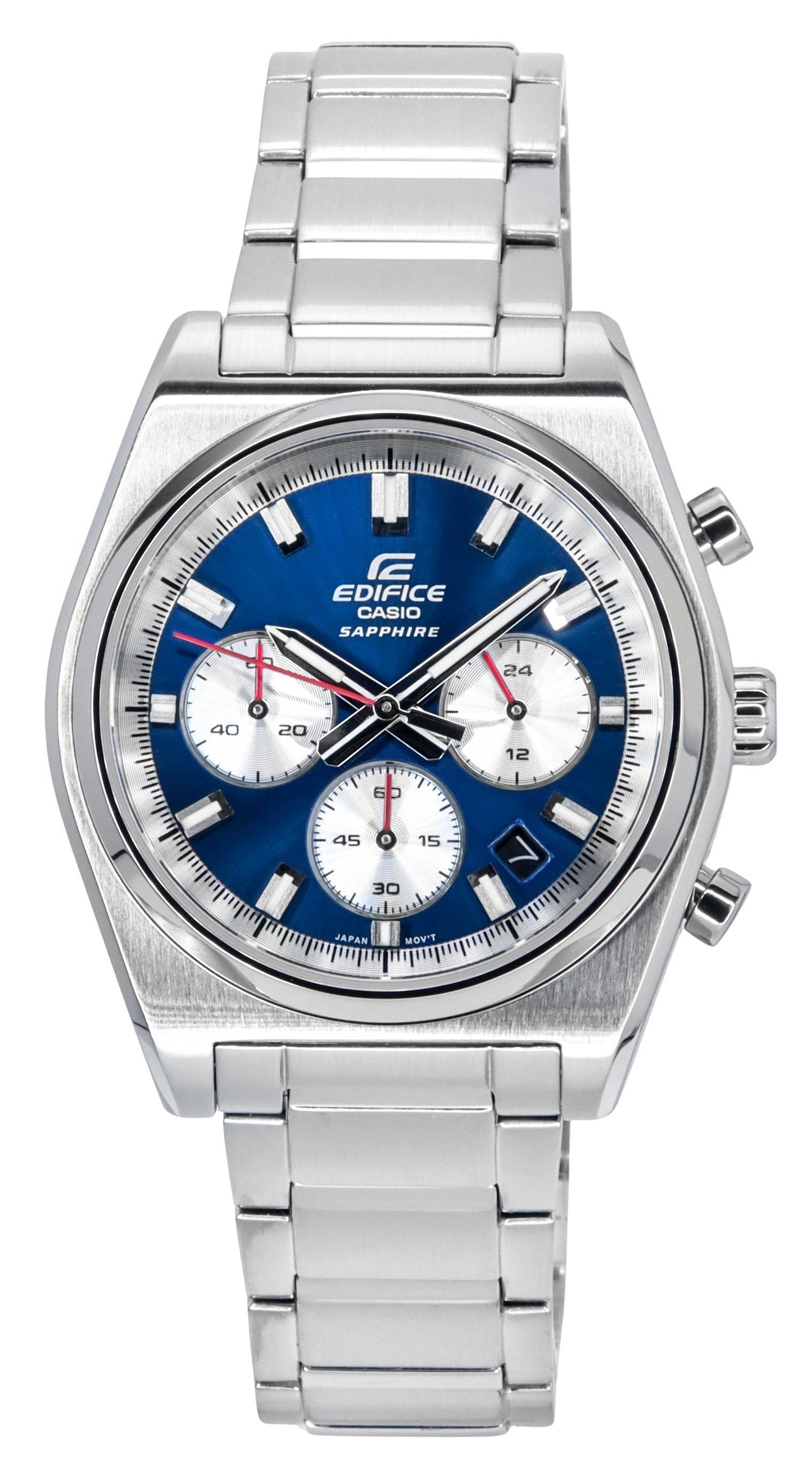 Casio Edifice Quartz movement Blue Stainless steel Male EFB-730D-2AV. A brand-new Casio Edifice watch featuring a Blue dial and a Stainless steel strap. Side view.