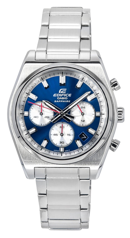 Casio Edifice Quartz movement Blue Stainless steel Male EFB-730D-2AV. A brand-new Casio Edifice watch featuring a Blue dial and a Stainless steel strap. Side view.
