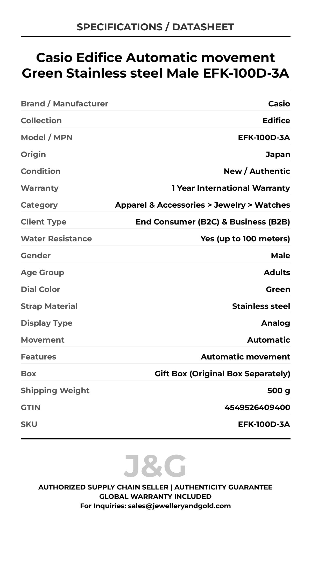 Casio Edifice Automatic movement Green Stainless steel Male EFK-100D-3A - Specifications