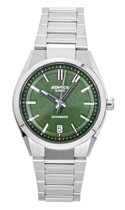 Casio Edifice Automatic movement Green Stainless steel Male EFK-100D-3A. A brand-new Casio Edifice watch featuring a Green dial and a Stainless steel strap. Angled view.