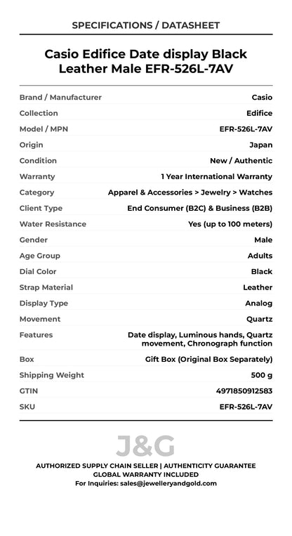 Casio Edifice Date display Black Leather Male EFR-526L-7AV - Specifications