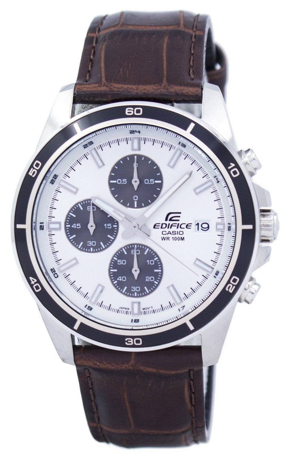 Casio Edifice Date display Black Leather Male EFR-526L-7AV. A brand-new Casio Edifice watch featuring a Black dial and a Leather strap. Front view.