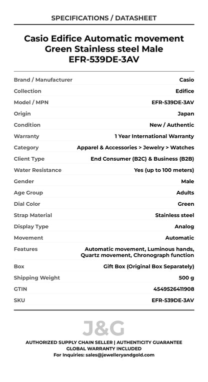 Casio Edifice Automatic movement Green Stainless steel Male EFR-539DE-3AV - Specifications
