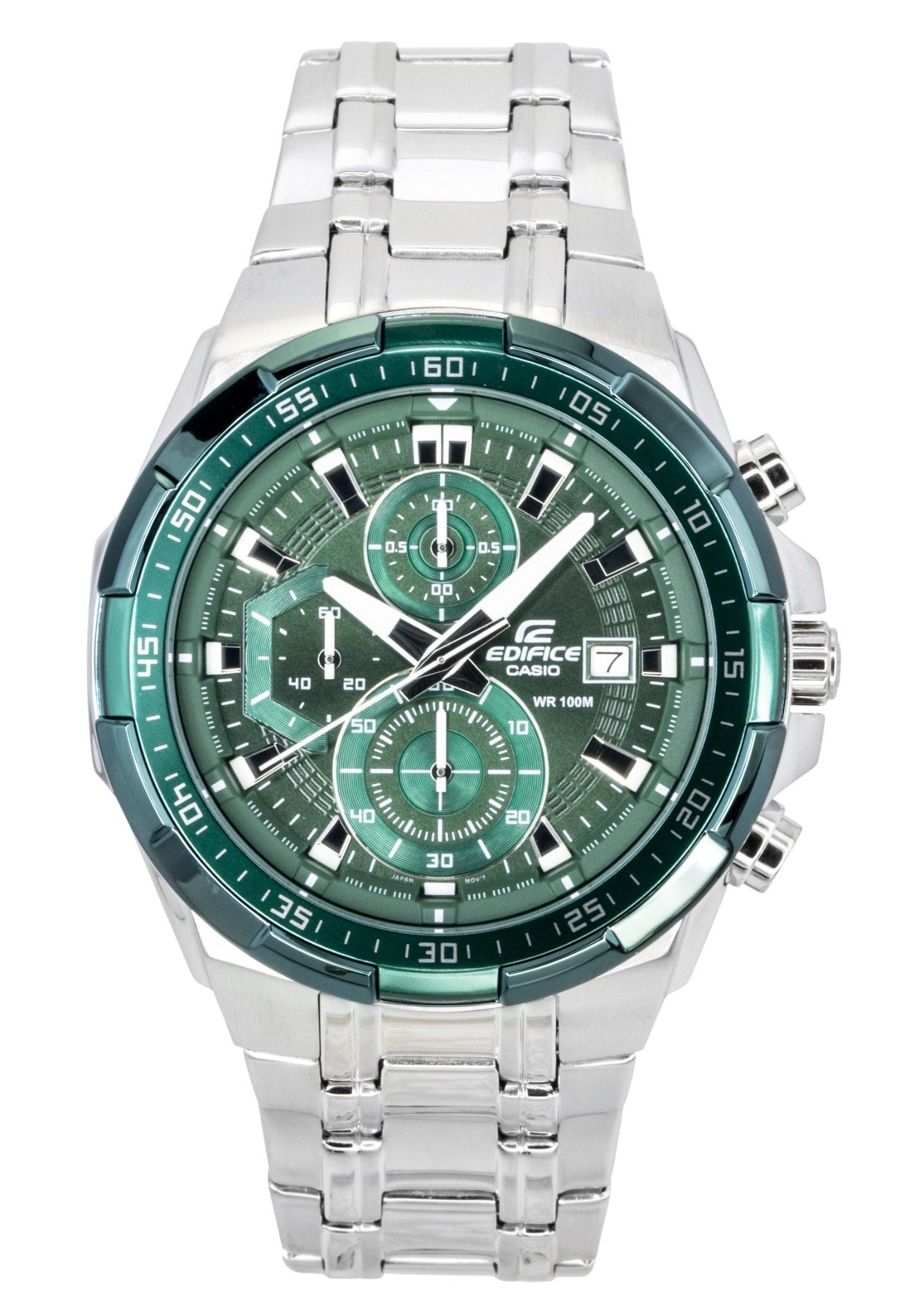 Casio Edifice Automatic movement Green Stainless steel Male EFR-539DE-3AV. A brand-new Casio Edifice watch featuring a Green dial and a Stainless steel strap. Angled view.