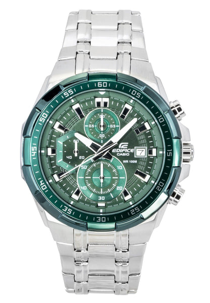 Casio Edifice Automatic movement Green Stainless steel Male EFR-539DE-3AV. A brand-new Casio Edifice watch featuring a Green dial and a Stainless steel strap. Angled view.