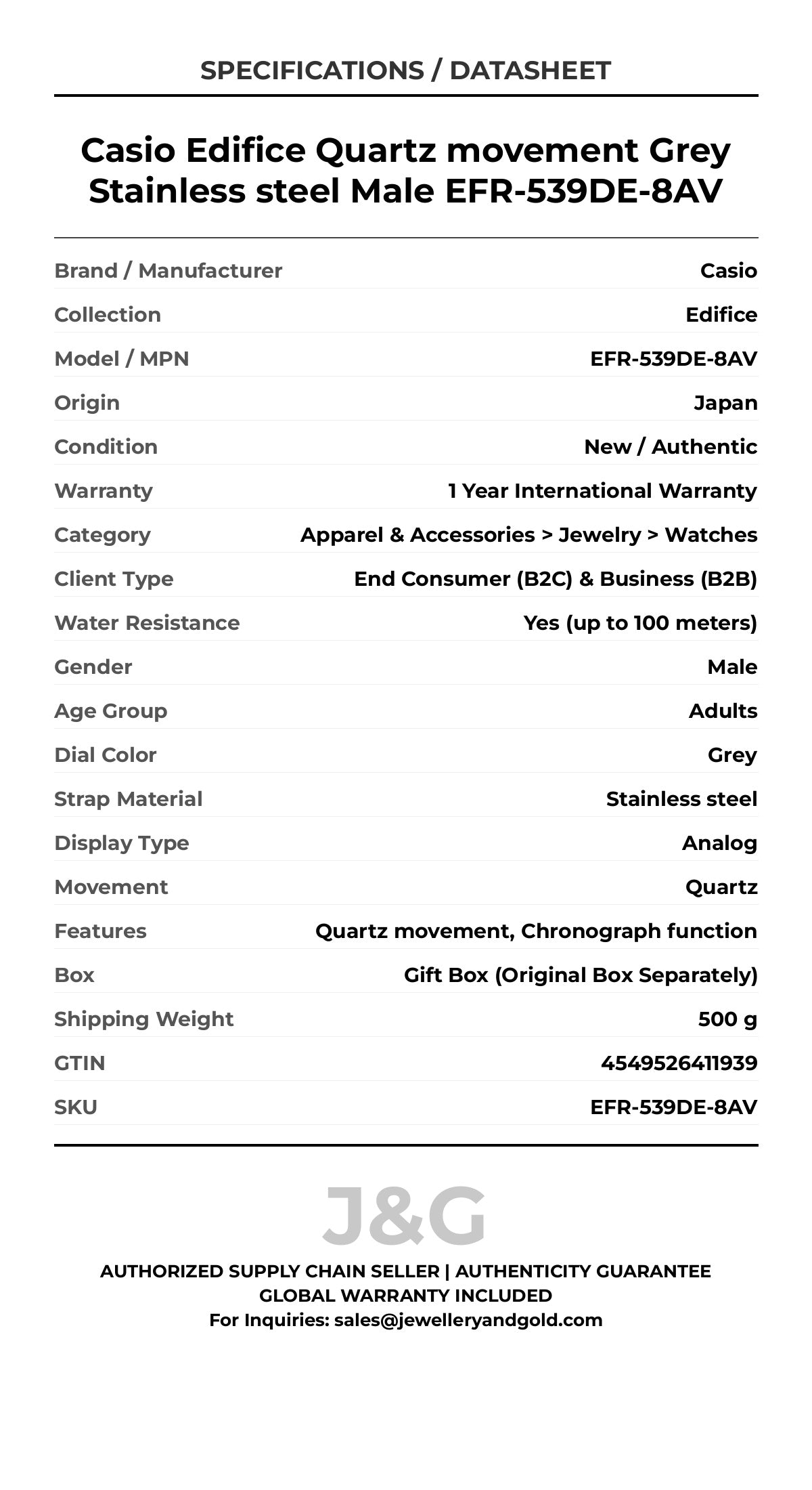 Casio Edifice Quartz movement Grey Stainless steel Male EFR-539DE-8AV - Specifications
