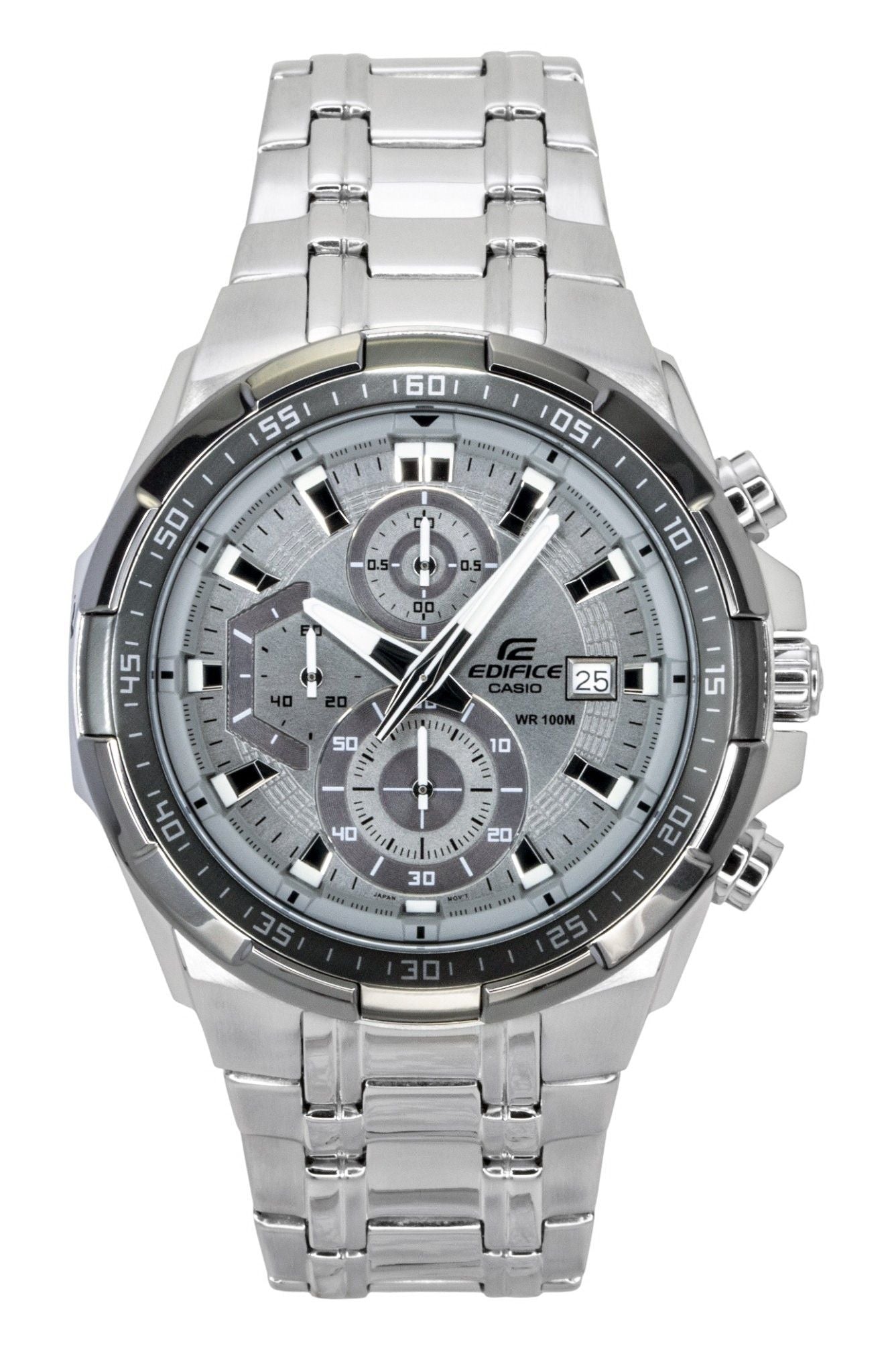 Casio Edifice Quartz movement Grey Stainless steel Male EFR-539DE-8AV. A brand-new Casio Edifice watch featuring a Grey dial and a Stainless steel strap. Angled view.