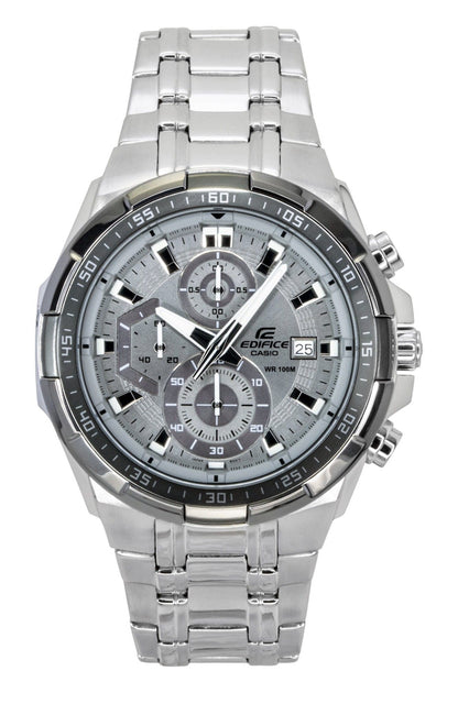 Casio Edifice Quartz movement Grey Stainless steel Male EFR-539DE-8AV. A brand-new Casio Edifice watch featuring a Grey dial and a Stainless steel strap. Angled view.